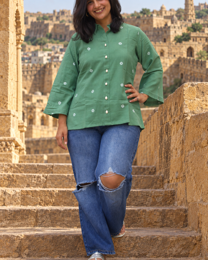 Bandhani Bliss Dusty Sage Cotton Top