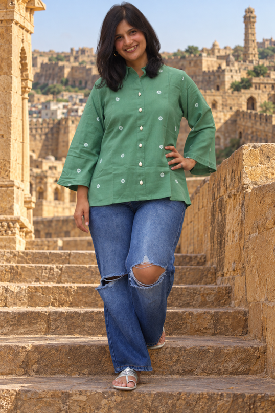 Bandhani Bliss Dusty Sage Cotton Top