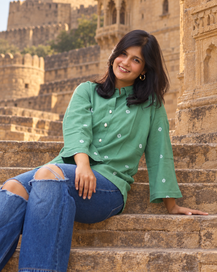 Bandhani Bliss Dusty Sage Cotton Top