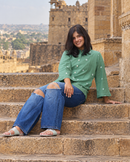 Bandhani Bliss Dusty Sage Cotton Top