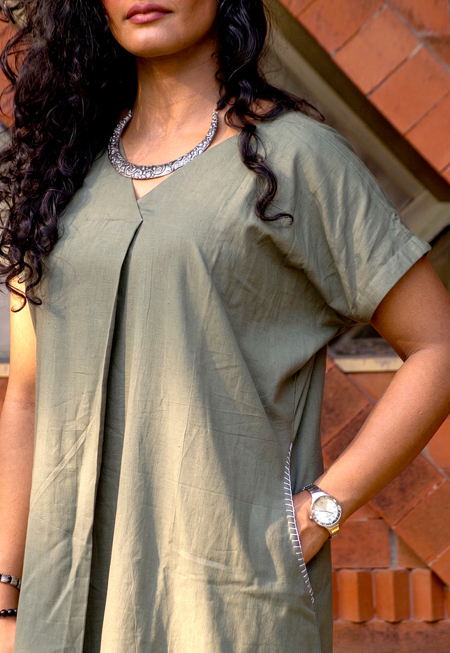 Olive Green Casual Cotton V-Neck Pleated Midi Dress
