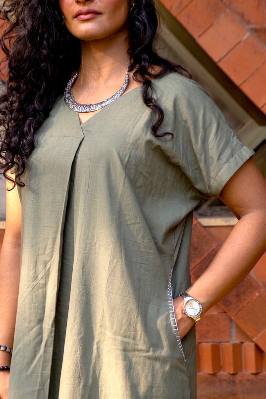 Olive Green Casual Cotton V-Neck Pleated Midi Dress