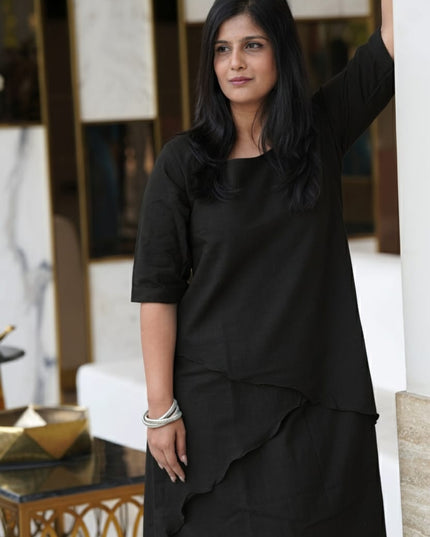Mellow Maharani Overlap Cotton Black Midi Dress