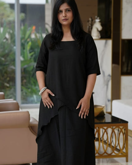 Mellow Maharani Overlap Cotton Black Midi Dress