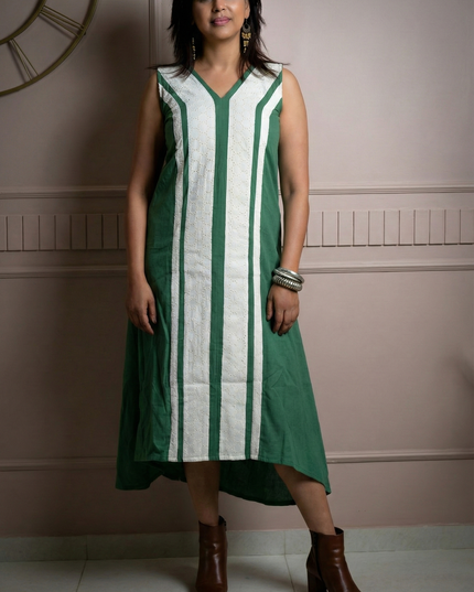 Indie Sway Sleeveless Up-Down Khadi Cotton Green Dress