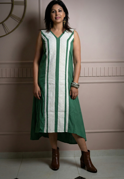 Indie Sway Sleeveless Up-Down Khadi Cotton Green Dress