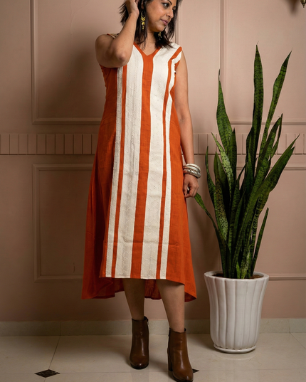 Indie Sway Sleeveless Up-Down Khadi Cotton Orange Dress