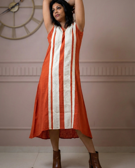 Indie Sway Sleeveless Up-Down Khadi Cotton Orange Dress