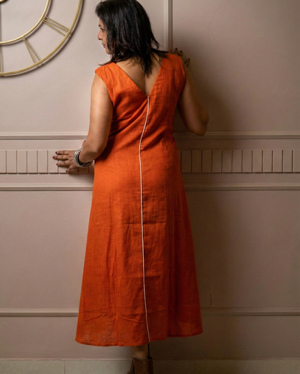 Indie Sway Sleeveless Up-Down Khadi Cotton Orange Dress