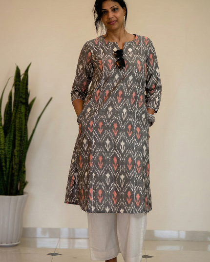 Threaded Angle – Ikkat Cotton A-Line Blue Kurti