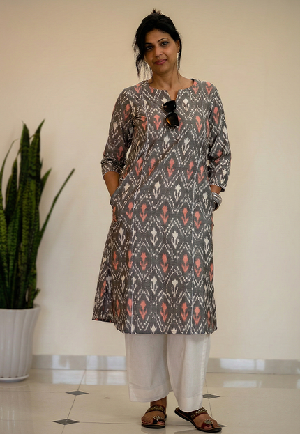 Threaded Angle – Ikkat Cotton A-Line Blue Kurti