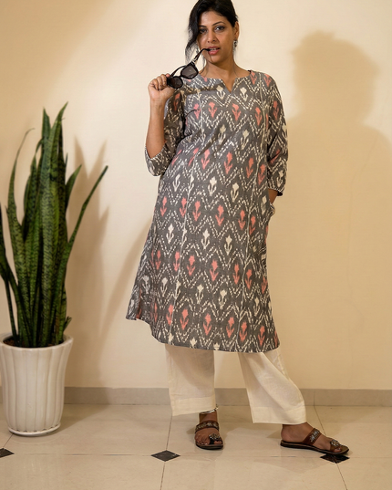 Threaded Angle – Ikkat Cotton A-Line Blue Kurti