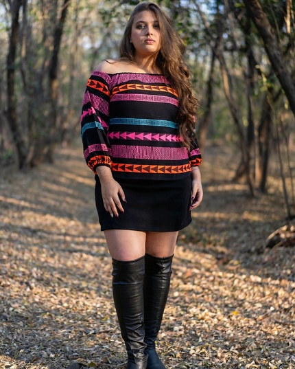 Boho-Chic Aztec Pattern Cotton Bardot Top