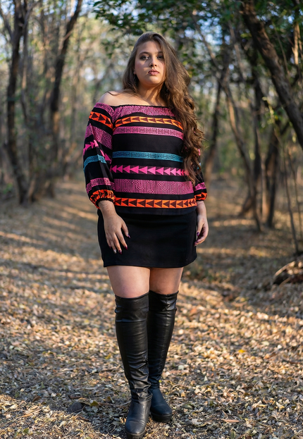 Boho-Chic Aztec Pattern Cotton Bardot Top