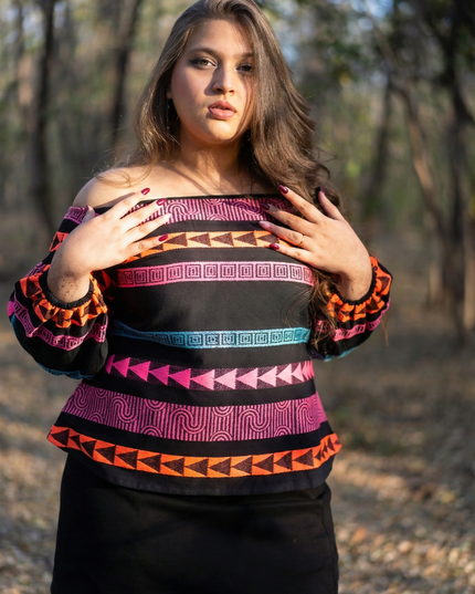 Boho-Chic Aztec Pattern Cotton Bardot Top