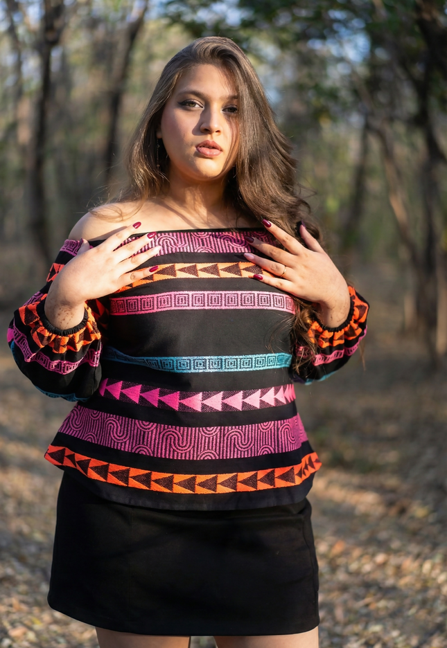 Boho-Chic Aztec Pattern Cotton Bardot Top