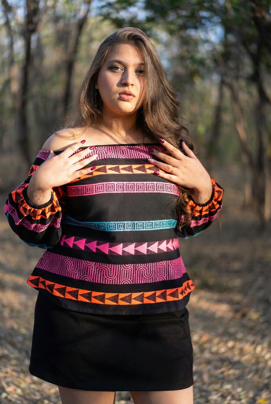 Boho-Chic Aztec Pattern Cotton Bardot Top