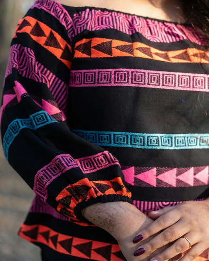 Boho-Chic Aztec Pattern Cotton Bardot Top