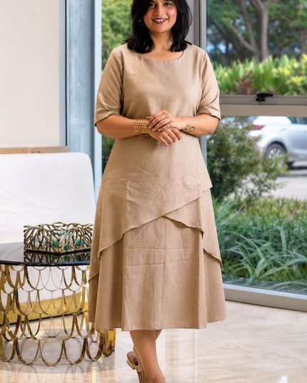 Mellow Maharani Overlap Cotton Beige Midi Dress