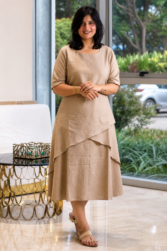 Mellow Maharani Overlap Cotton Beige Midi Dress