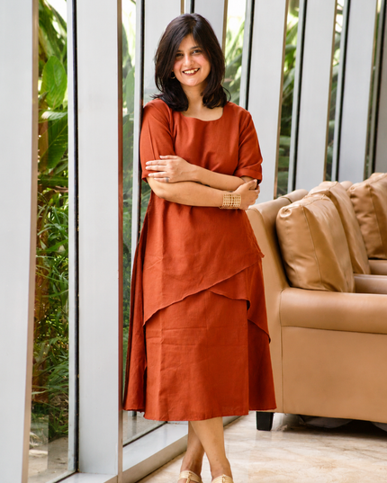 Mellow Maharani Overlap Cotton Rust Orange Midi Dress