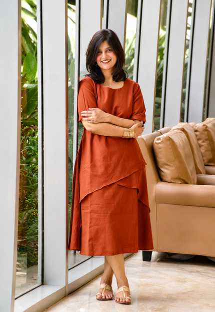Mellow Maharani Overlap Cotton Rust Orange Midi Dress