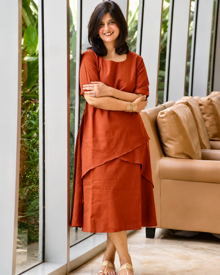 Mellow Maharani Overlap Cotton Rust Orange Midi Dress