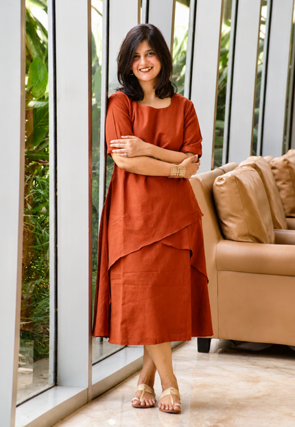 Mellow Maharani Overlap Cotton Rust Orange Midi Dress