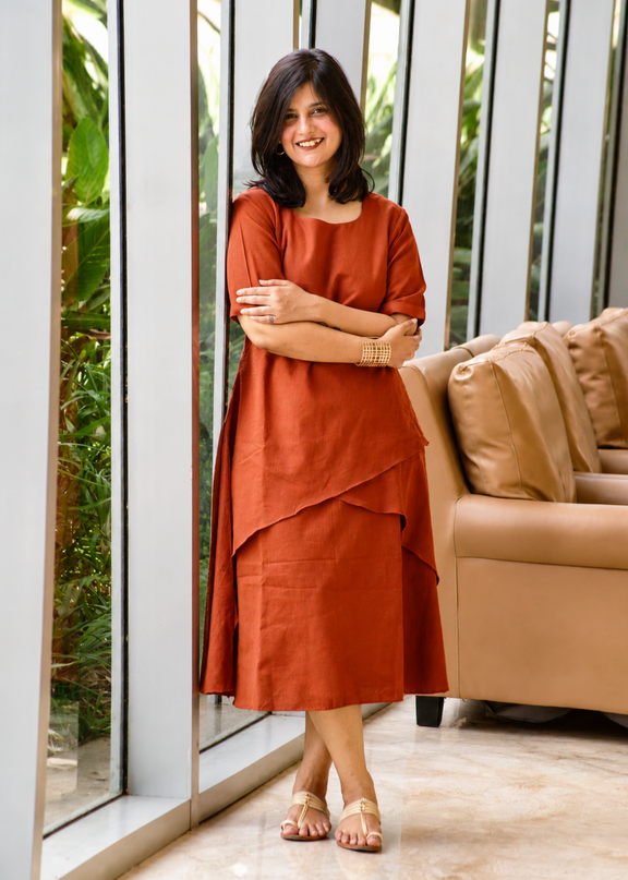 Mellow Maharani Overlap Cotton Rust Orange Midi Dress