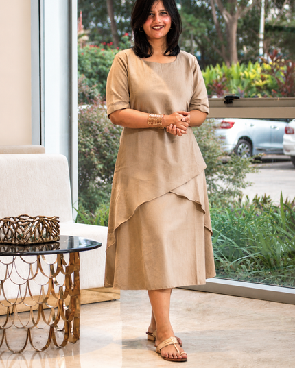 Mellow Maharani Overlap Cotton Beige Midi Dress