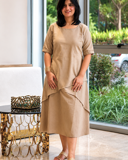 Mellow Maharani Overlap Cotton Beige Midi Dress