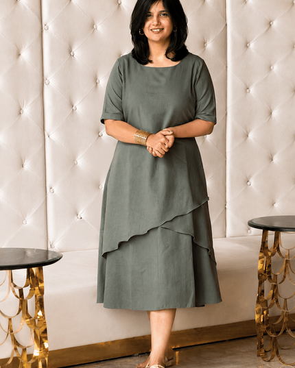 Mellow Maharani Overlap Cotton Sage Olive Midi Dress