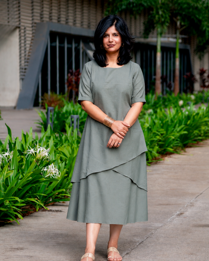 Mellow Maharani Overlap Cotton Sage Olive Midi Dress