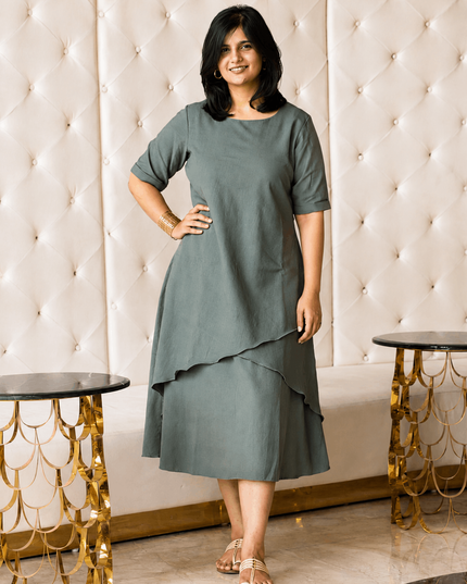 Mellow Maharani Overlap Cotton Sage Olive Midi Dress