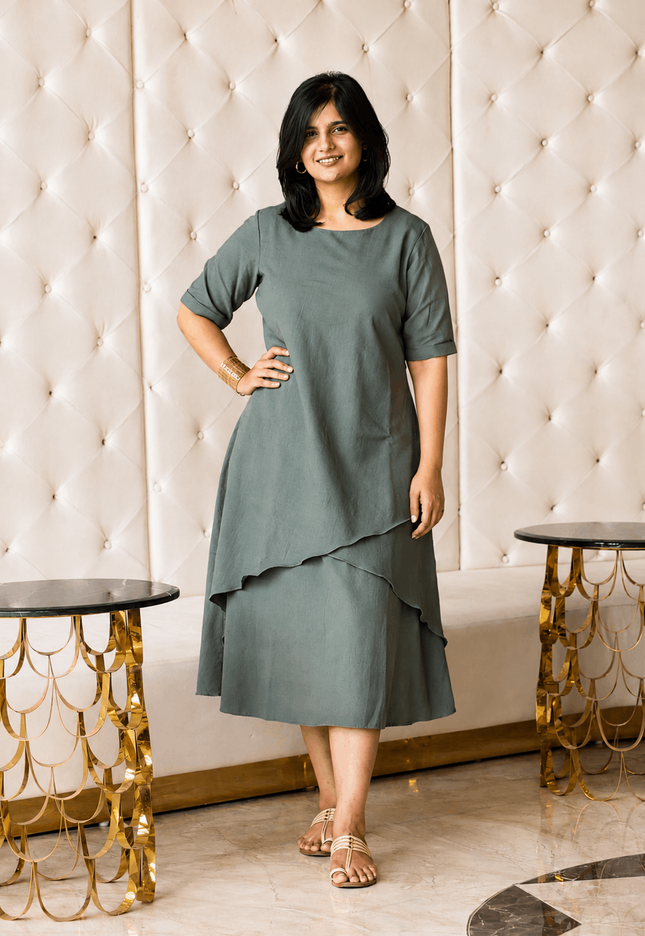 Mellow Maharani Overlap Cotton Sage Olive Midi Dress