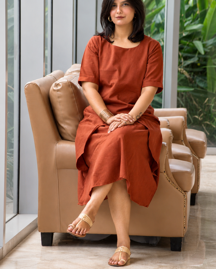 Mellow Maharani Overlap Cotton Rust Orange Midi Dress