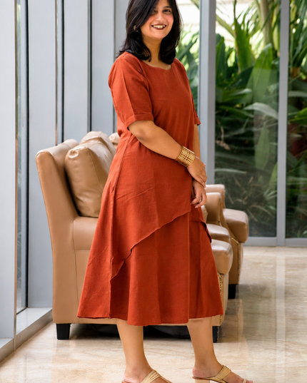 Mellow Maharani Overlap Cotton Rust Orange Midi Dress