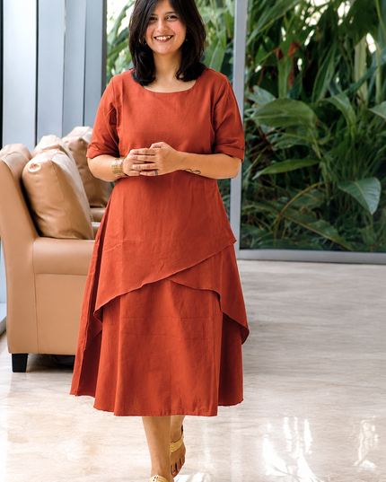 Mellow Maharani Overlap Cotton Rust Orange Midi Dress