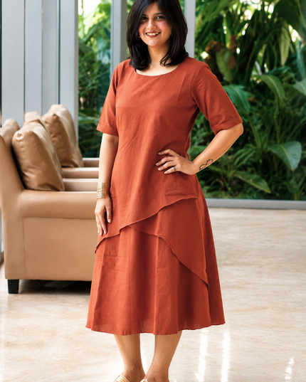 Mellow Maharani Overlap Cotton Rust Orange Midi Dress