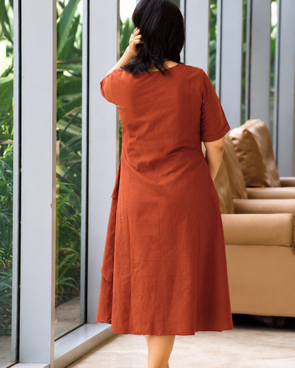 Mellow Maharani Overlap Cotton Rust Orange Midi Dress