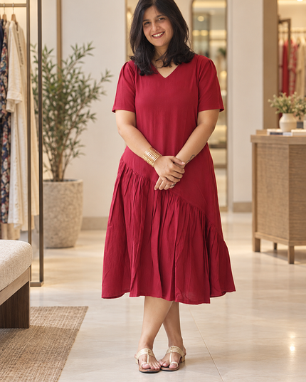Berry Sway Cotton Pleated Midi Dress