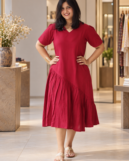 Berry Sway Cotton Pleated Midi Dress