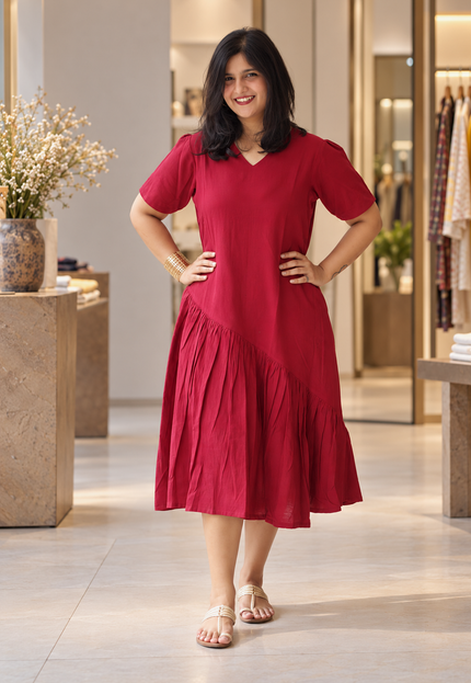Berry Sway Cotton Pleated Midi Dress