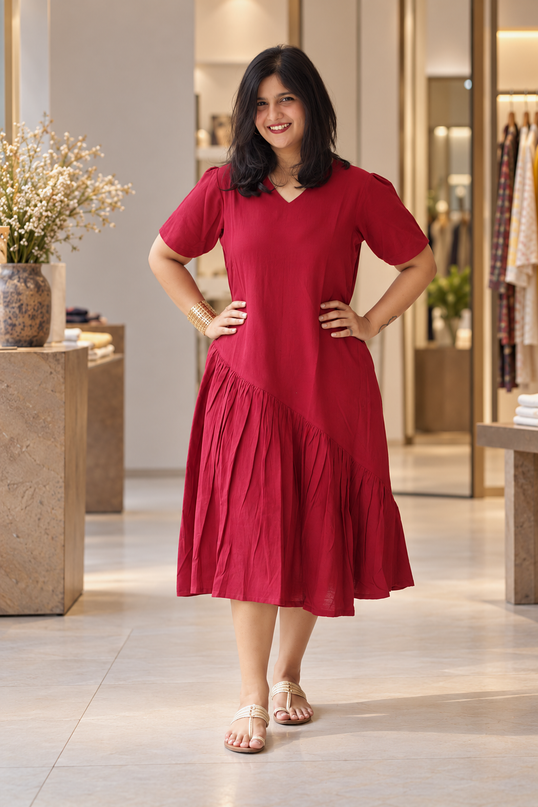 Berry Sway Cotton Pleated Midi Dress