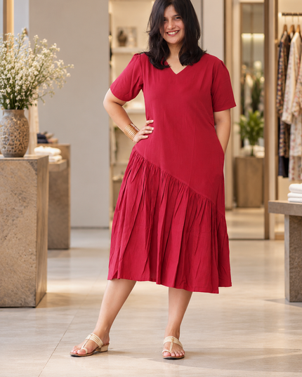Berry Sway Cotton Pleated Midi Dress