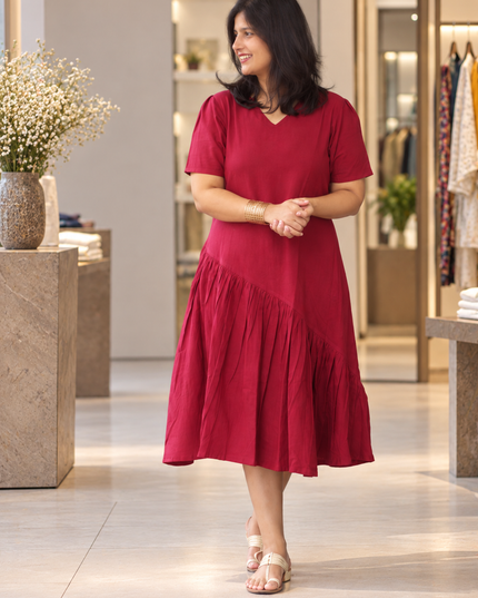 Berry Sway Cotton Pleated Midi Dress
