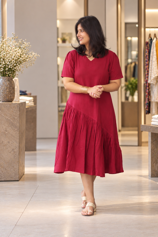 Berry Sway Cotton Pleated Midi Dress