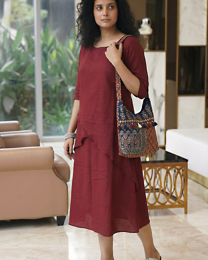 Mellow Maharani Overlap Cotton Maroon Midi Dress