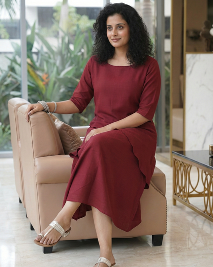 Mellow Maharani Overlap Cotton Maroon Midi Dress