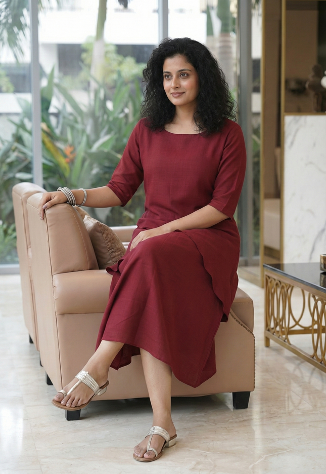 Mellow Maharani Overlap Cotton Maroon Midi Dress